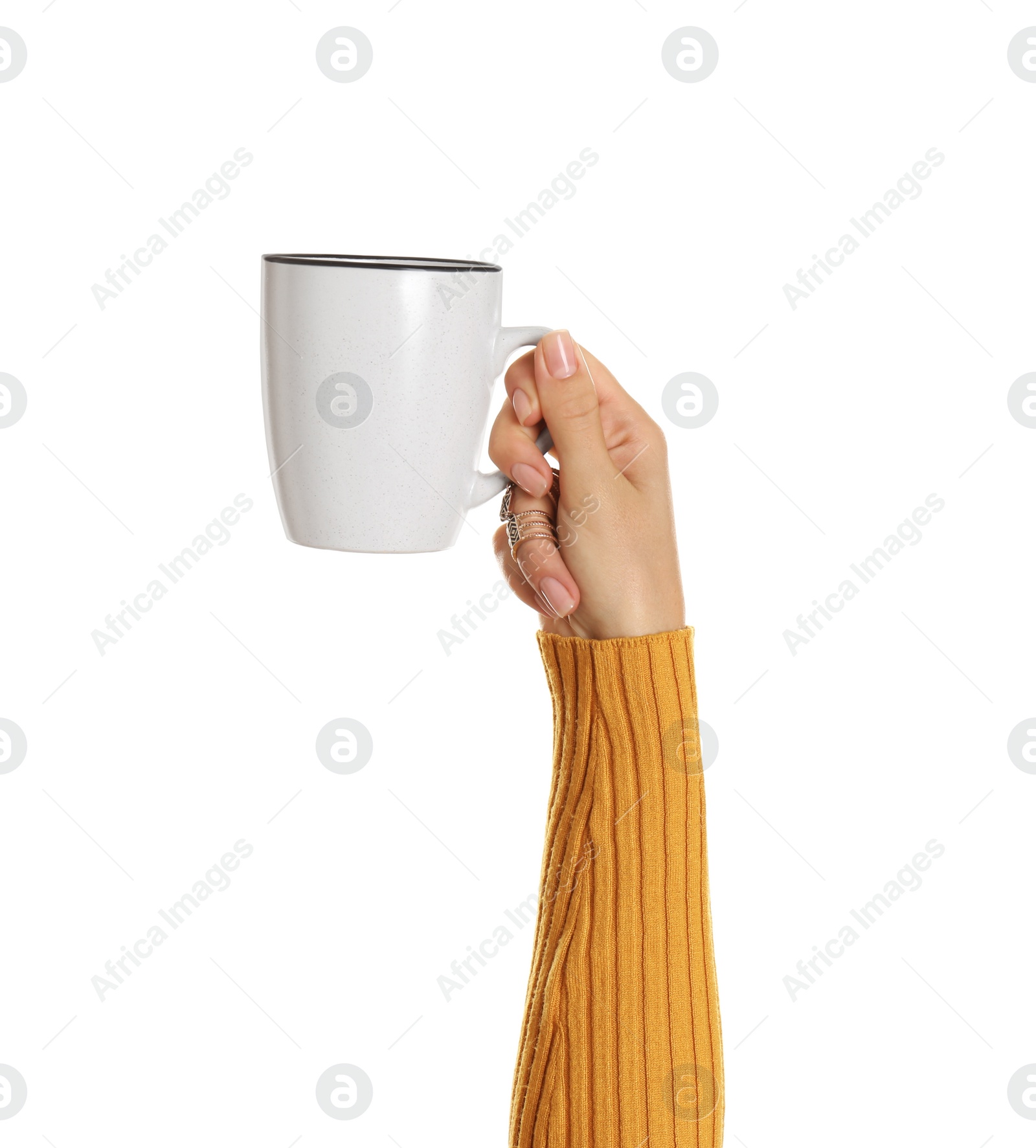 Photo of Woman holding elegant cup on white background, closeup