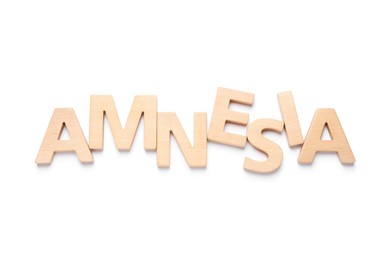 Word Amnesia made of wooden letters on white background, top view