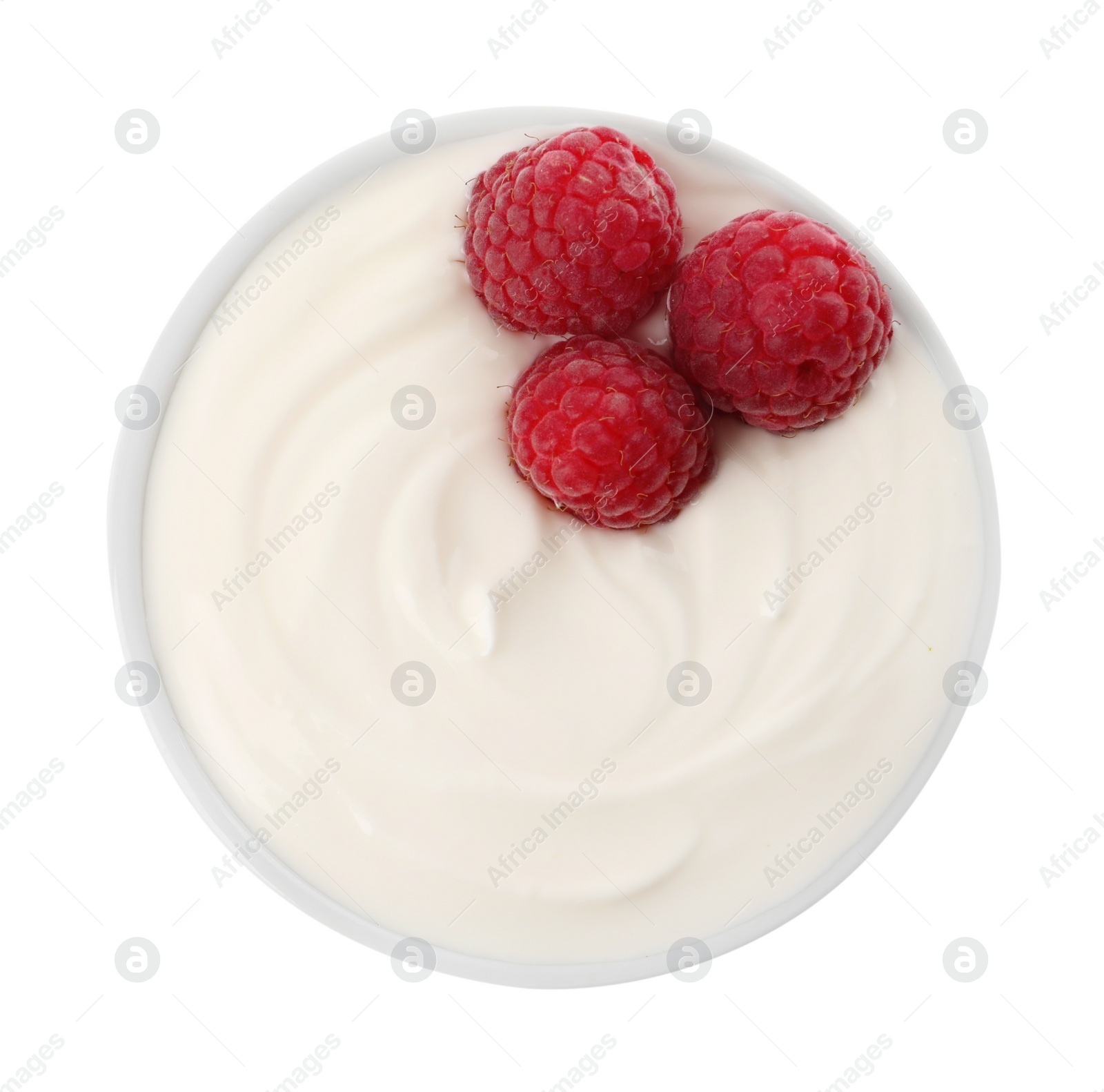 Photo of Bowl of delicious yogurt with raspberries isolated on white, top view