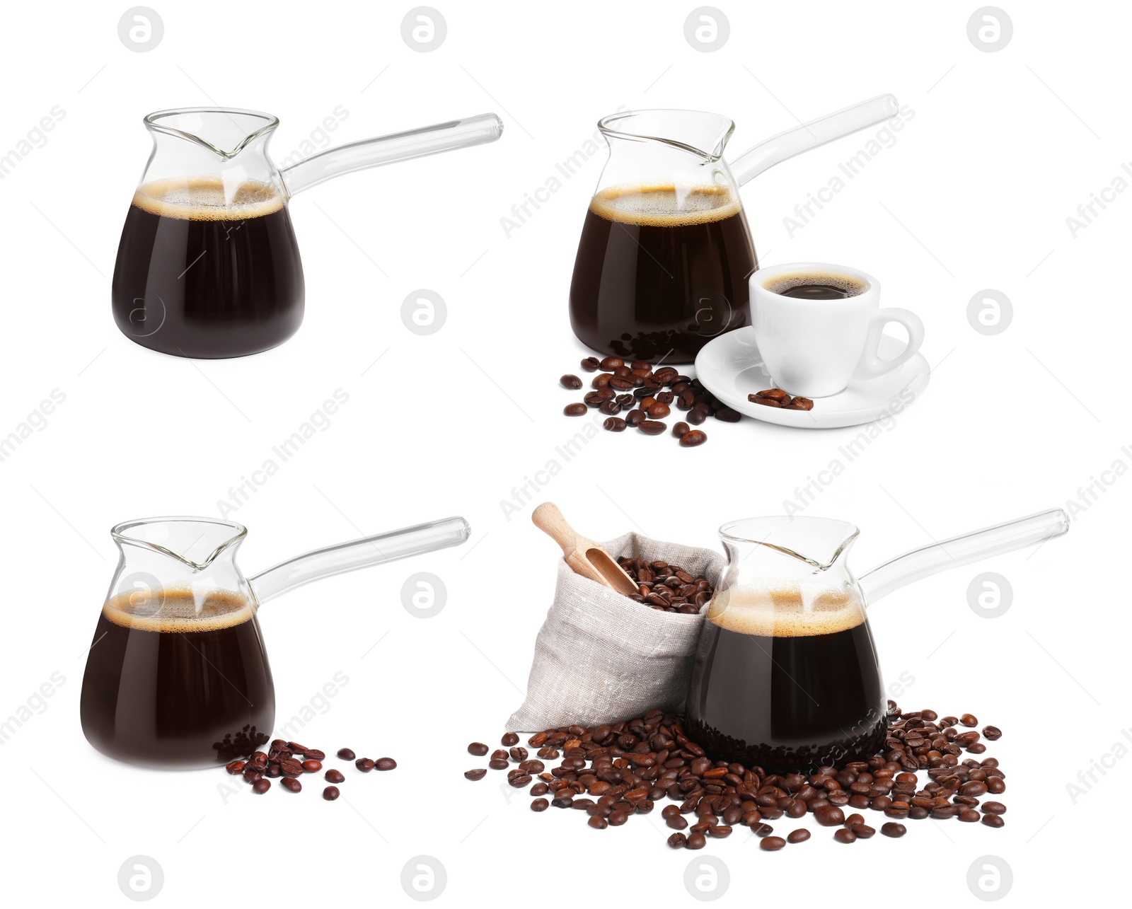 Image of Set with glass turkish coffee pots (cezve) with hot coffee and beans on white background