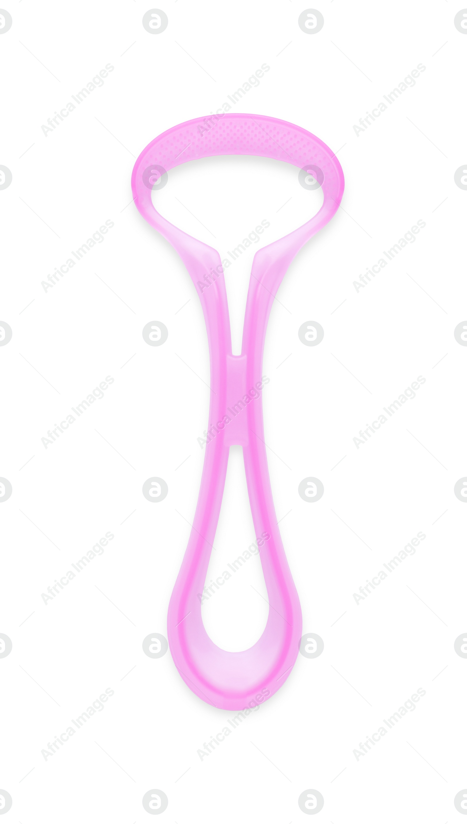 Photo of One pink tongue cleaner isolated on white, top view. Dental care