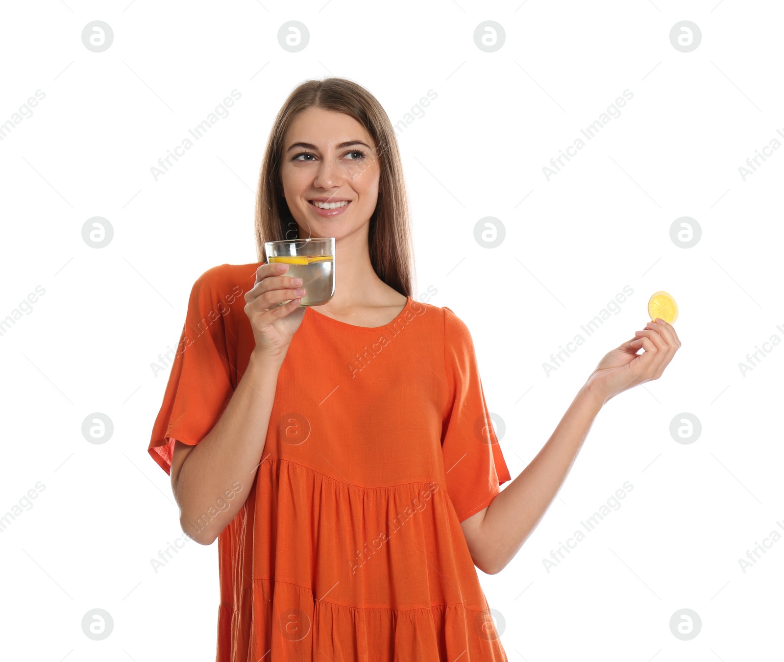 Photo of Young woman with glass of lemon water on white background