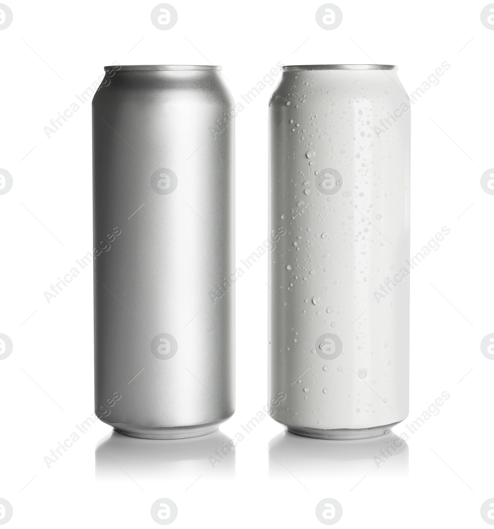 Photo of Aluminum cans with drinks on white background