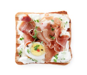 Photo of Delicious sandwich with prosciutto, egg, cream cheese and microgreens isolated on white, top view