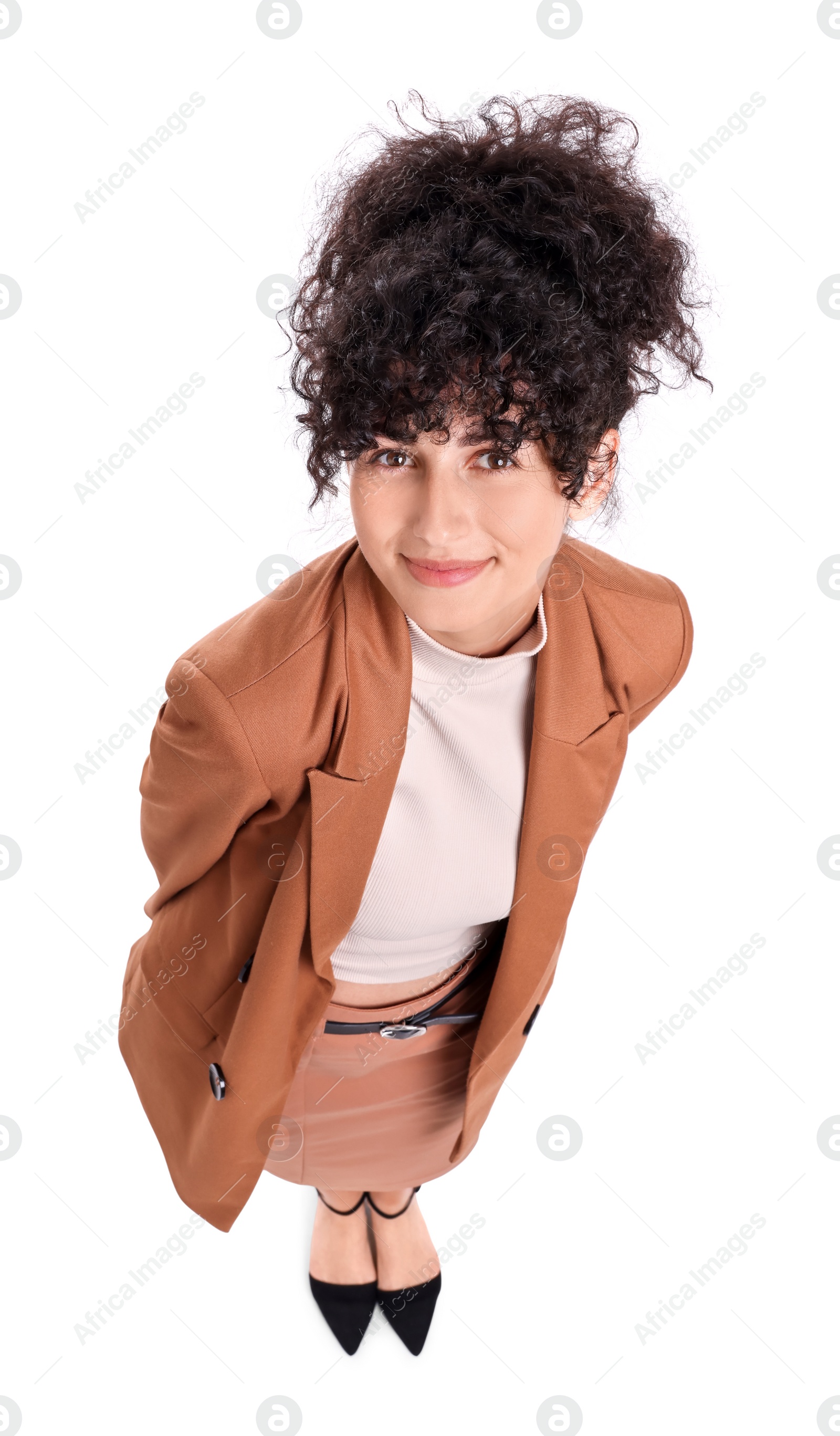 Photo of Beautiful businesswoman in suit on white background, above view