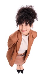 Beautiful businesswoman in suit on white background, above view