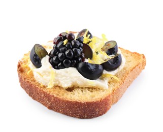 Photo of Tasty sandwich with cream cheese, blueberries, blackberry and lemon zest isolated on white