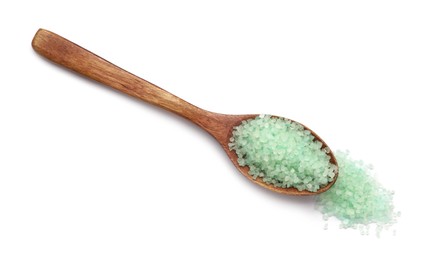 Photo of Spoon with turquoise sea salt isolated on white, top view