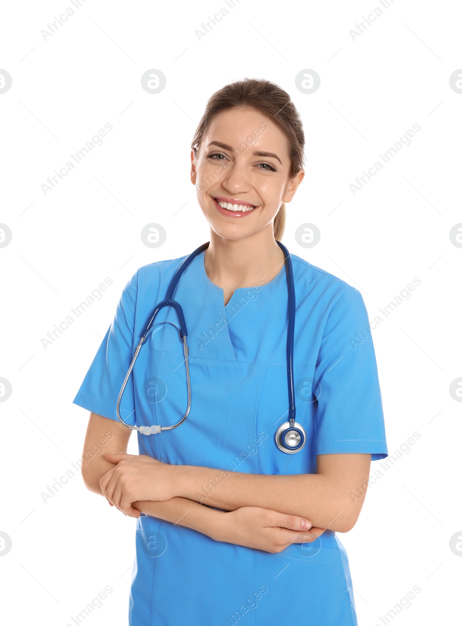 Photo of Portrait of medical doctor with stethoscope isolated on white