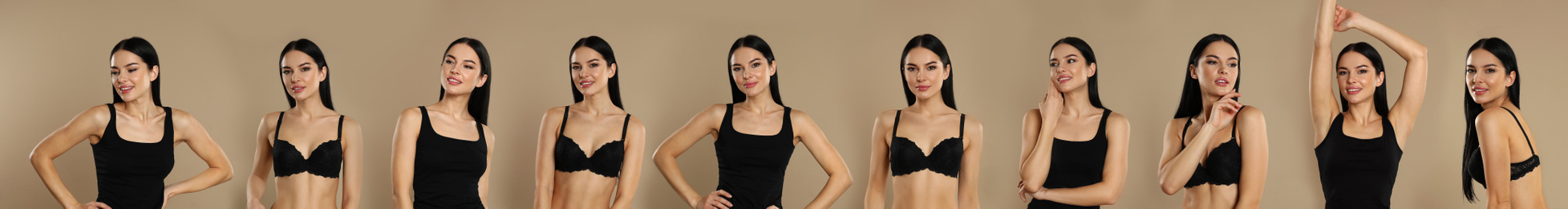 Image of Collage of beautiful young woman in black underwear on beige background. Banner design 