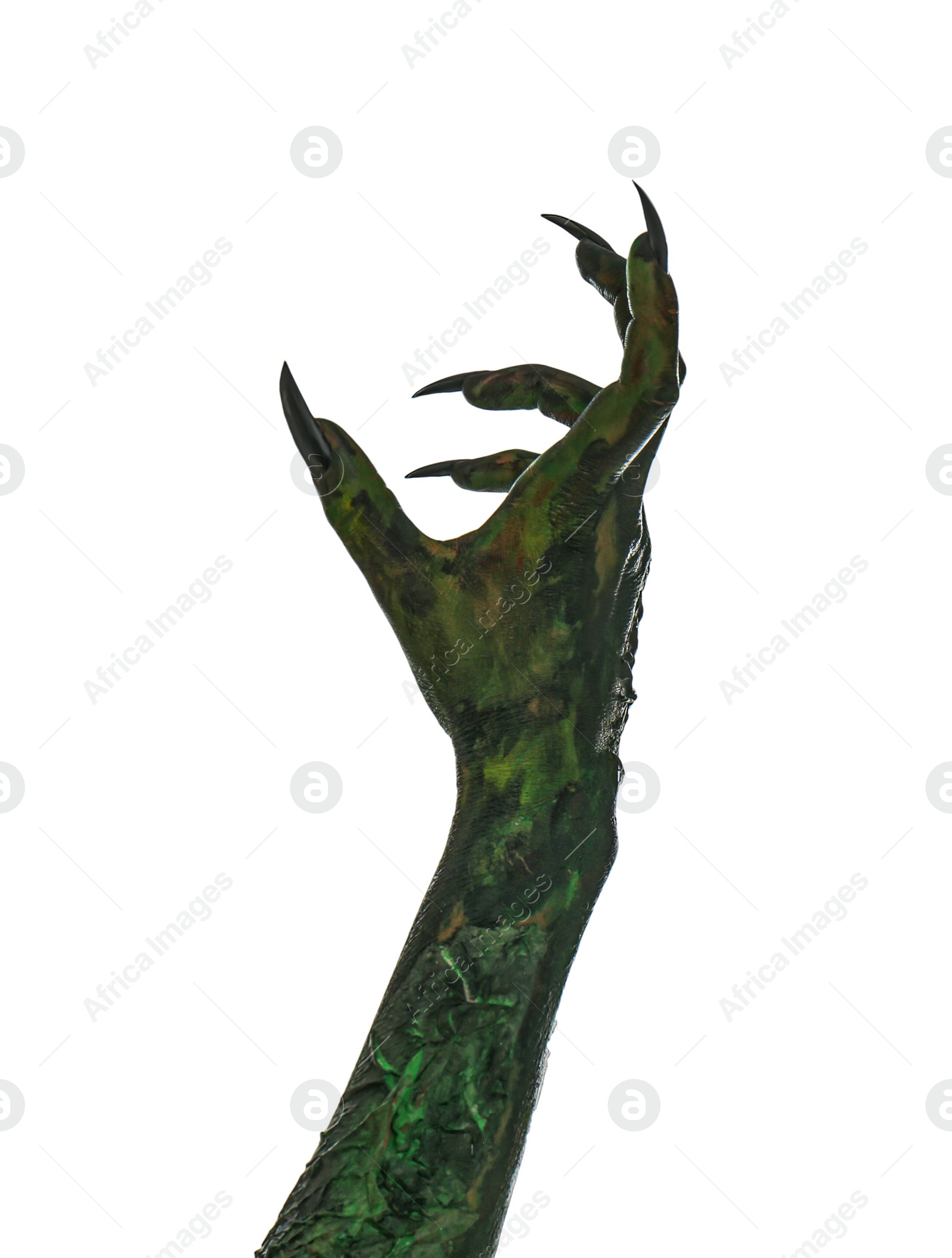 Photo of Scary monster on white background, closeup of hand. Halloween character