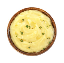 Photo of Bowl of delicious mashed potato with thyme isolated on white, top view