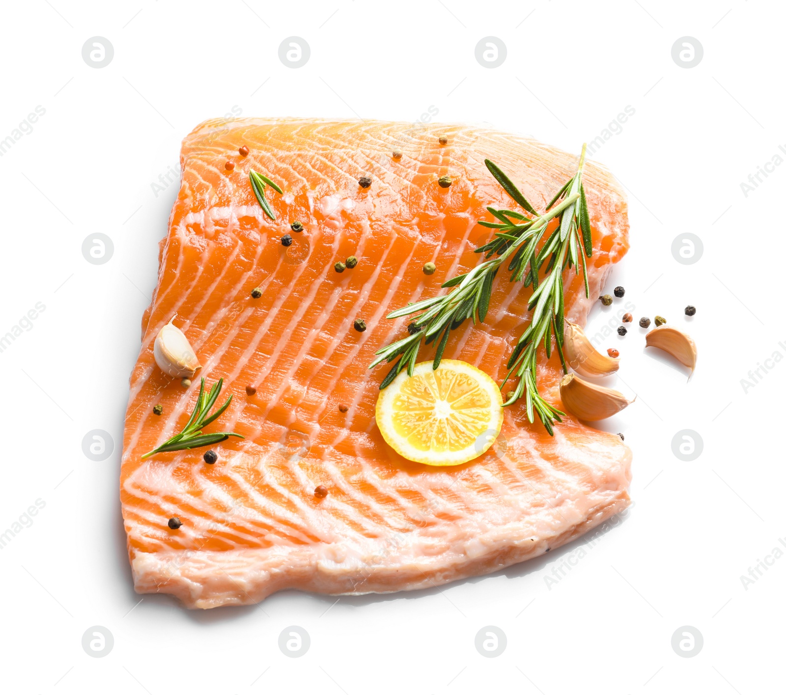 Photo of Raw salmon fillet and ingredients for marinade on white background