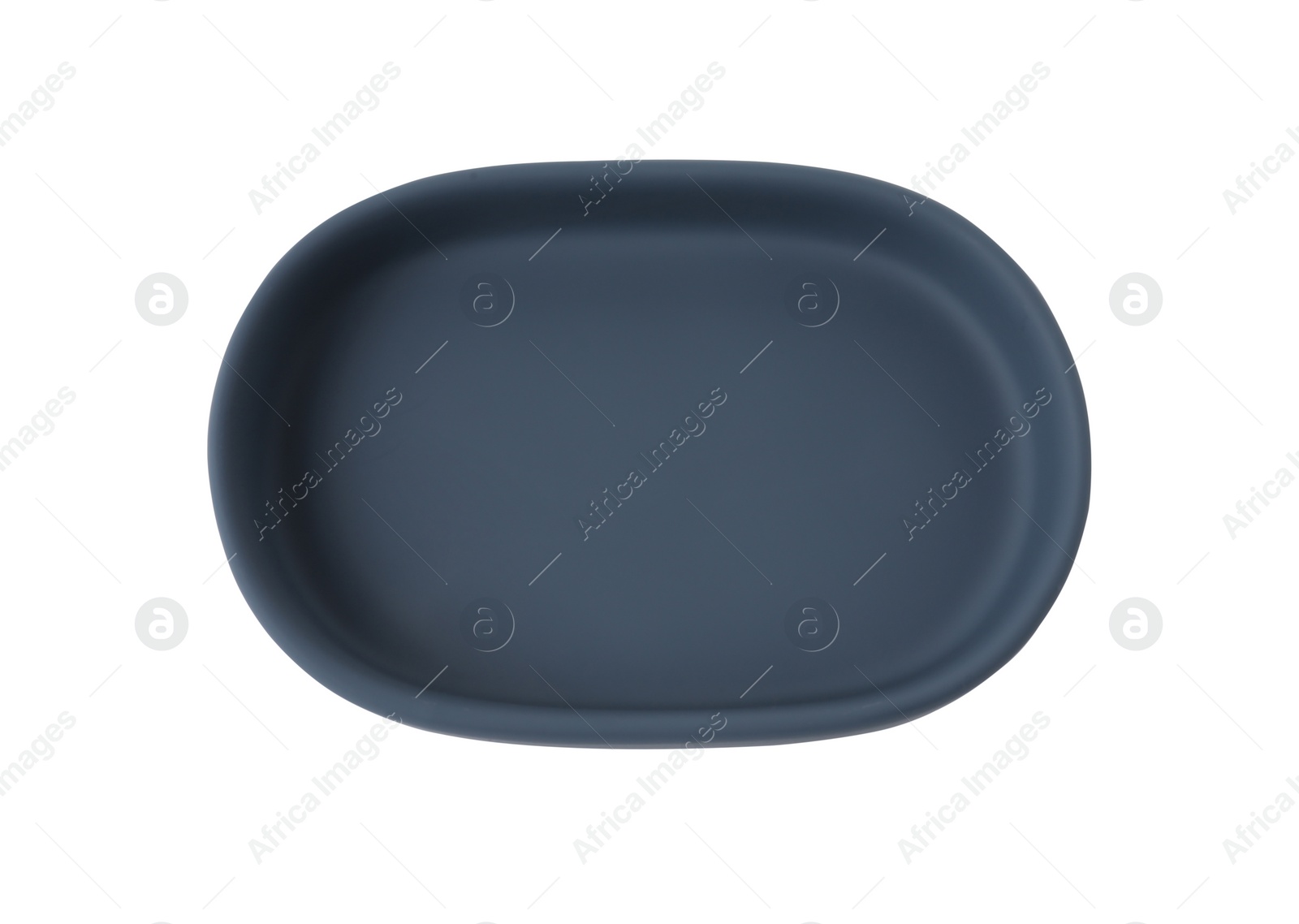 Photo of Bath accessory. Dark blue ceramic soap dish isolated on white, top view