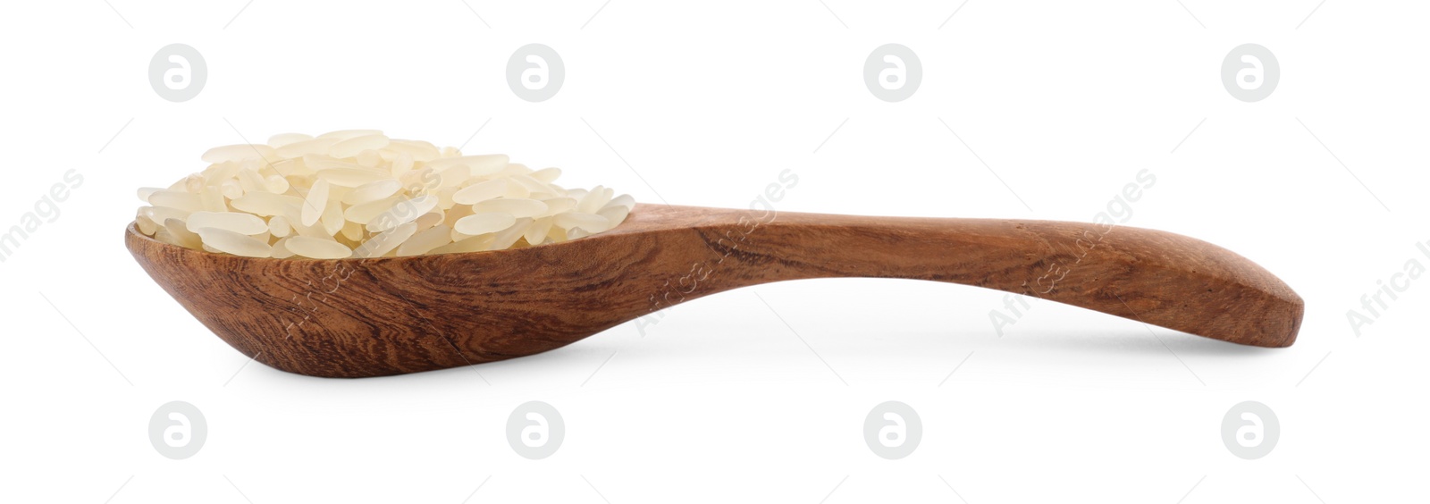 Photo of Spoon with raw rice isolated on white