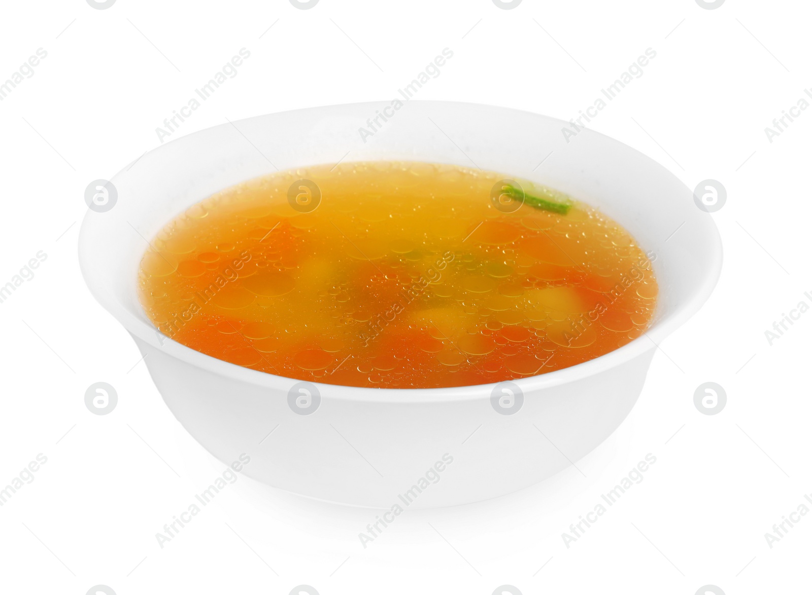 Photo of Delicious vegetable soup in bowl isolated on white
