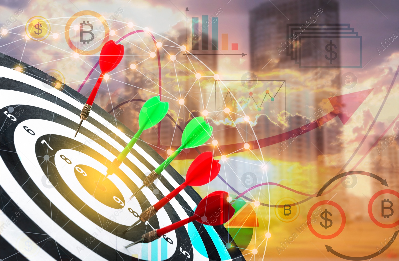 Image of Darts hitting target on board, graph illustration, view of cityscape and sky at sunset