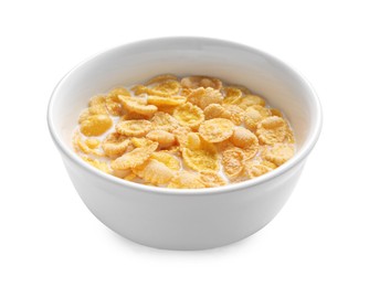 Photo of Tasty corn flakes with milk in bowl isolated on white