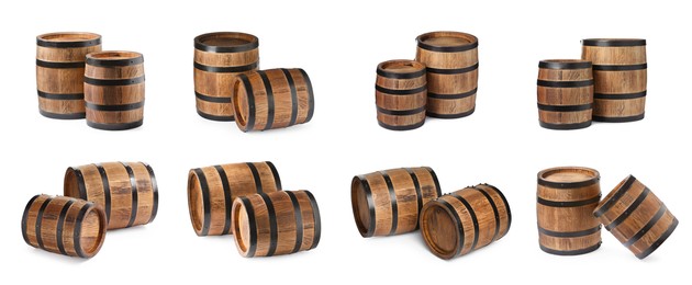 Image of Collage with wooden barrels on white background