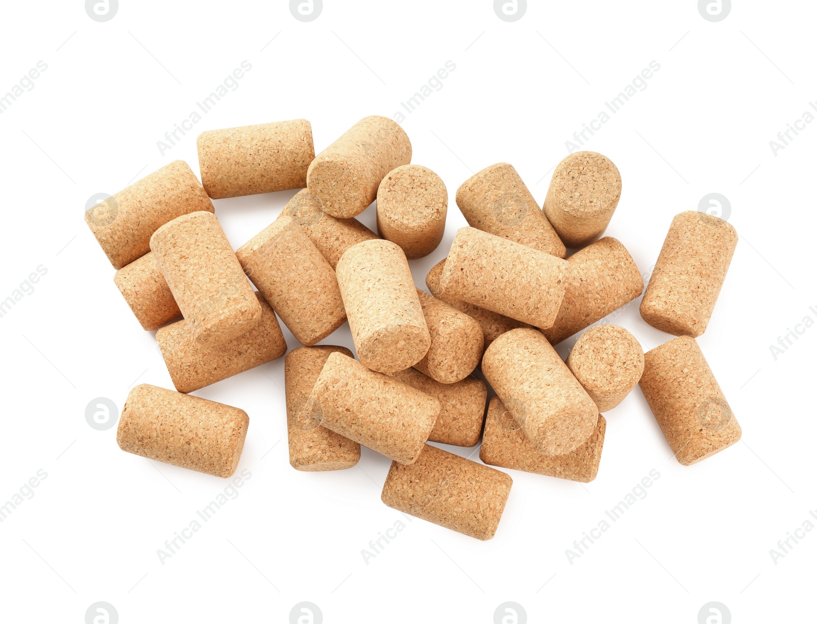 Photo of Heap of wine bottle corks isolated on white, top view