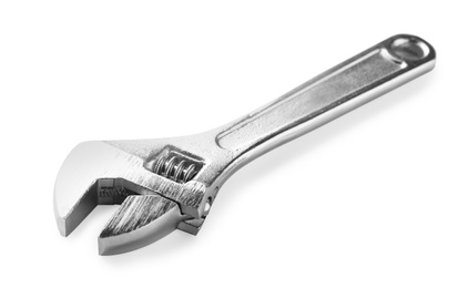 New adjustable wrench on white background. Plumber tools