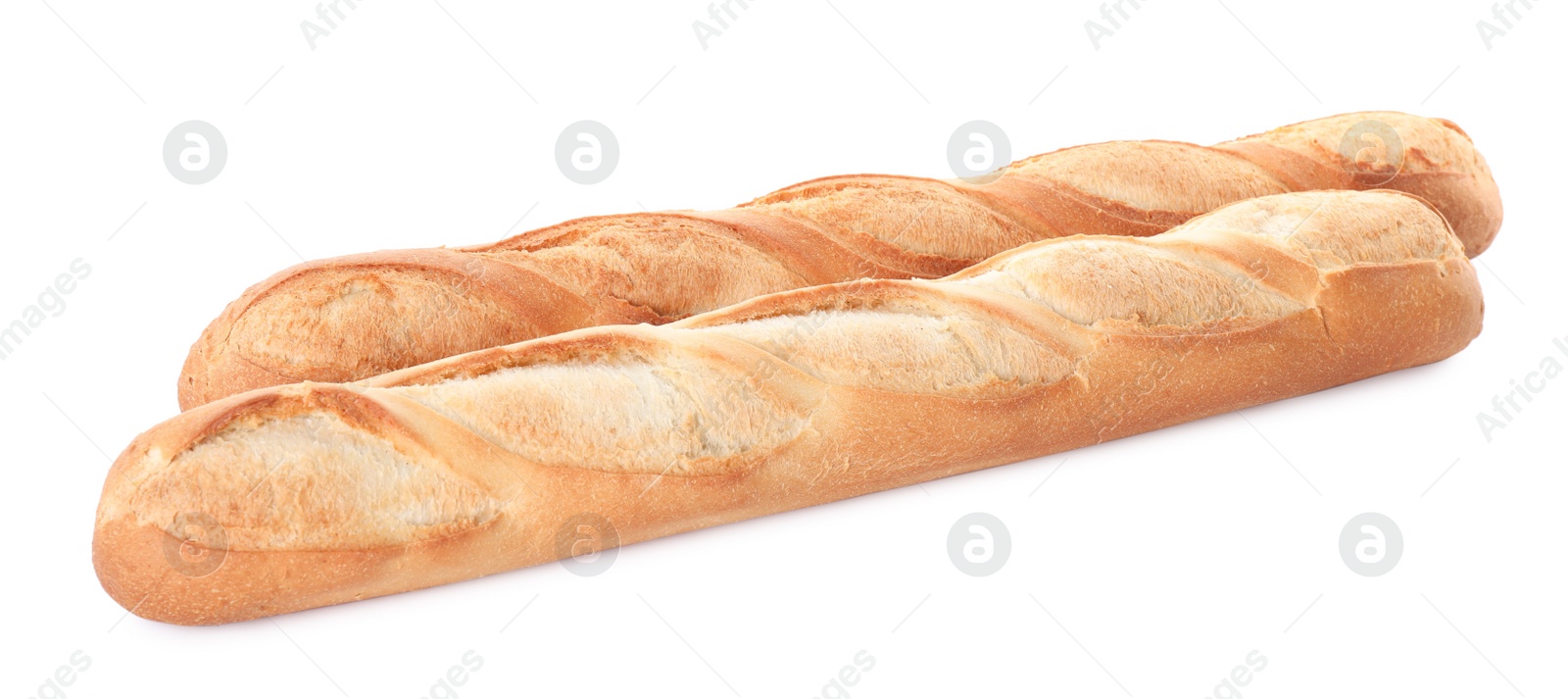 Photo of Tasty baguettes on white background. Fresh bread