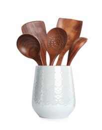 Set of kitchen utensils in holder on white background