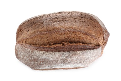 Photo of Loaf of tasty rye sodawater bread isolated on white, top view