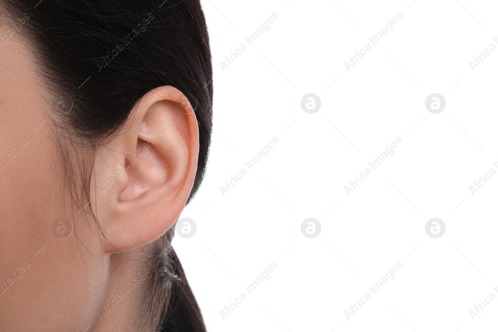 Photo of Woman on white background, closeup of ear