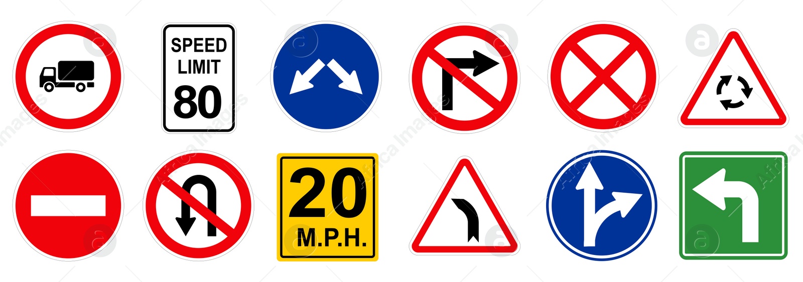 Image of Set with different traffic signs on white background, banner design. Illustration