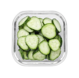 Photo of Glass container with fresh cut cucumbers isolated on white, top view