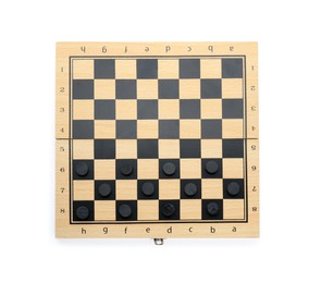 Photo of Wooden checkerboard with game pieces isolated on white, top view