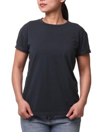 Photo of Woman wearing black t-shirt on white background, closeup