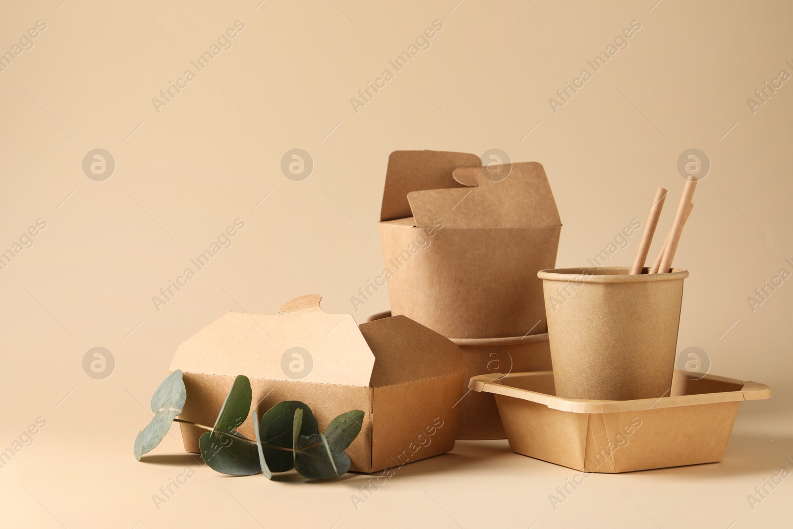 Photo of Eco friendly food packaging. Paper containers, tableware and eucalyptus branch on beige background