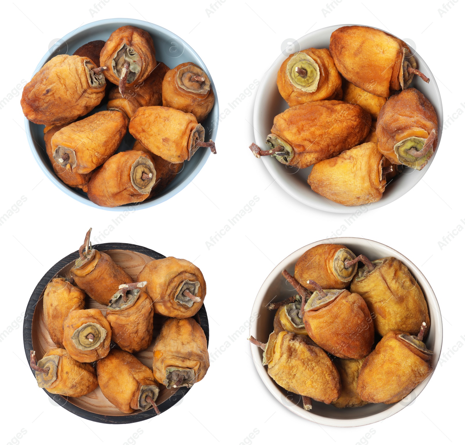 Image of Set with tasty dried persimmon fruits on white background, top view