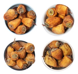 Set with tasty dried persimmon fruits on white background, top view