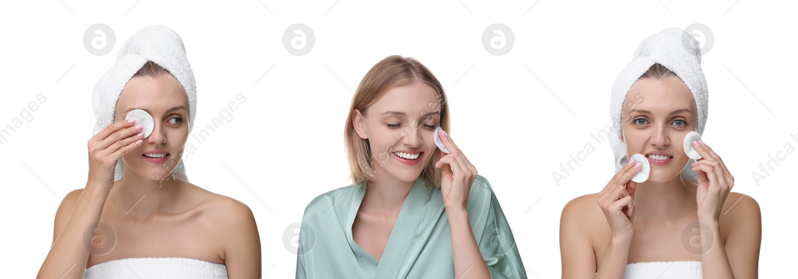 Image of Woman cleaning her face with cotton pads on white background, set of photos