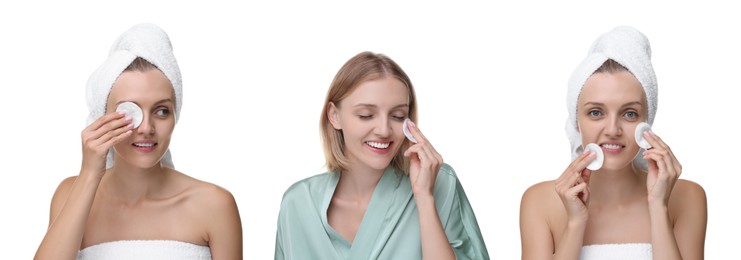 Woman cleaning her face with cotton pads on white background, set of photos