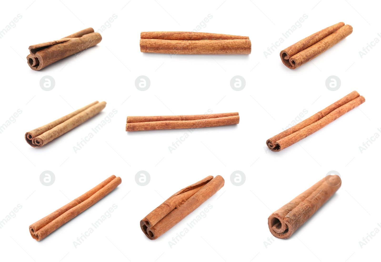 Image of Set with aromatic cinnamon sticks on white background