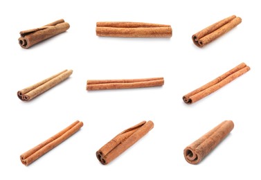 Image of Set with aromatic cinnamon sticks on white background