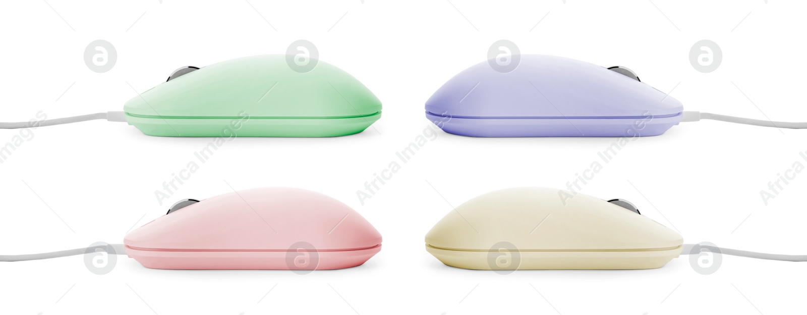Image of Modern computer mouse on white background, different color variants. Banner design