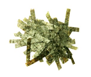 Photo of Pile of chopped crispy nori sheets on white background, top view