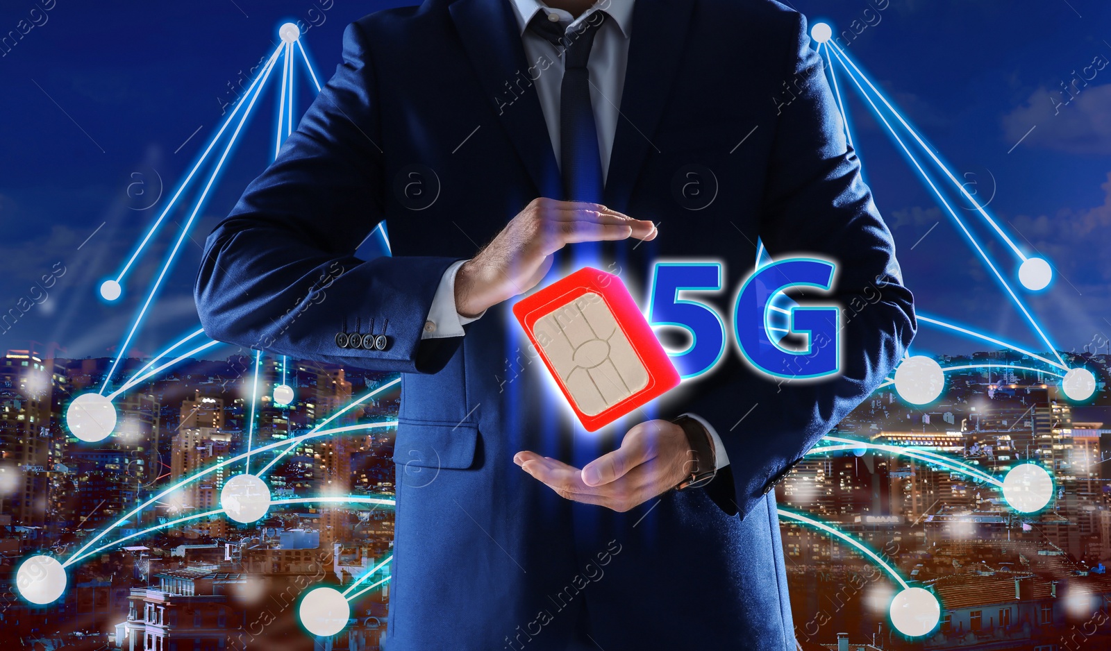 Image of Man demonstrating 5G SIM card model and cityscape with connection lines on background, closeup 