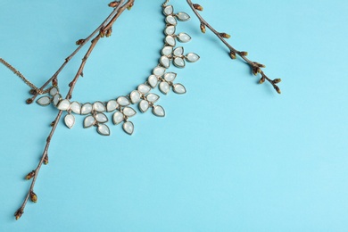 Photo of Elegant necklace and branches on light blue background, space for text. Luxury jewelry