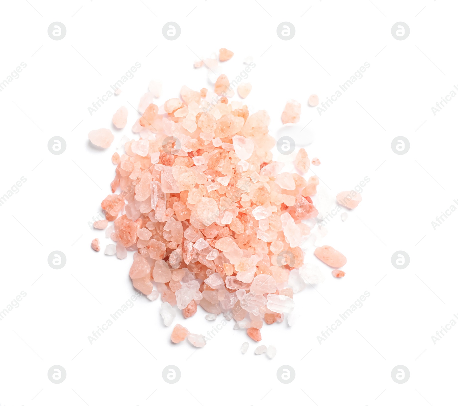 Photo of Heap of pink Himalayan salt on white background, top view