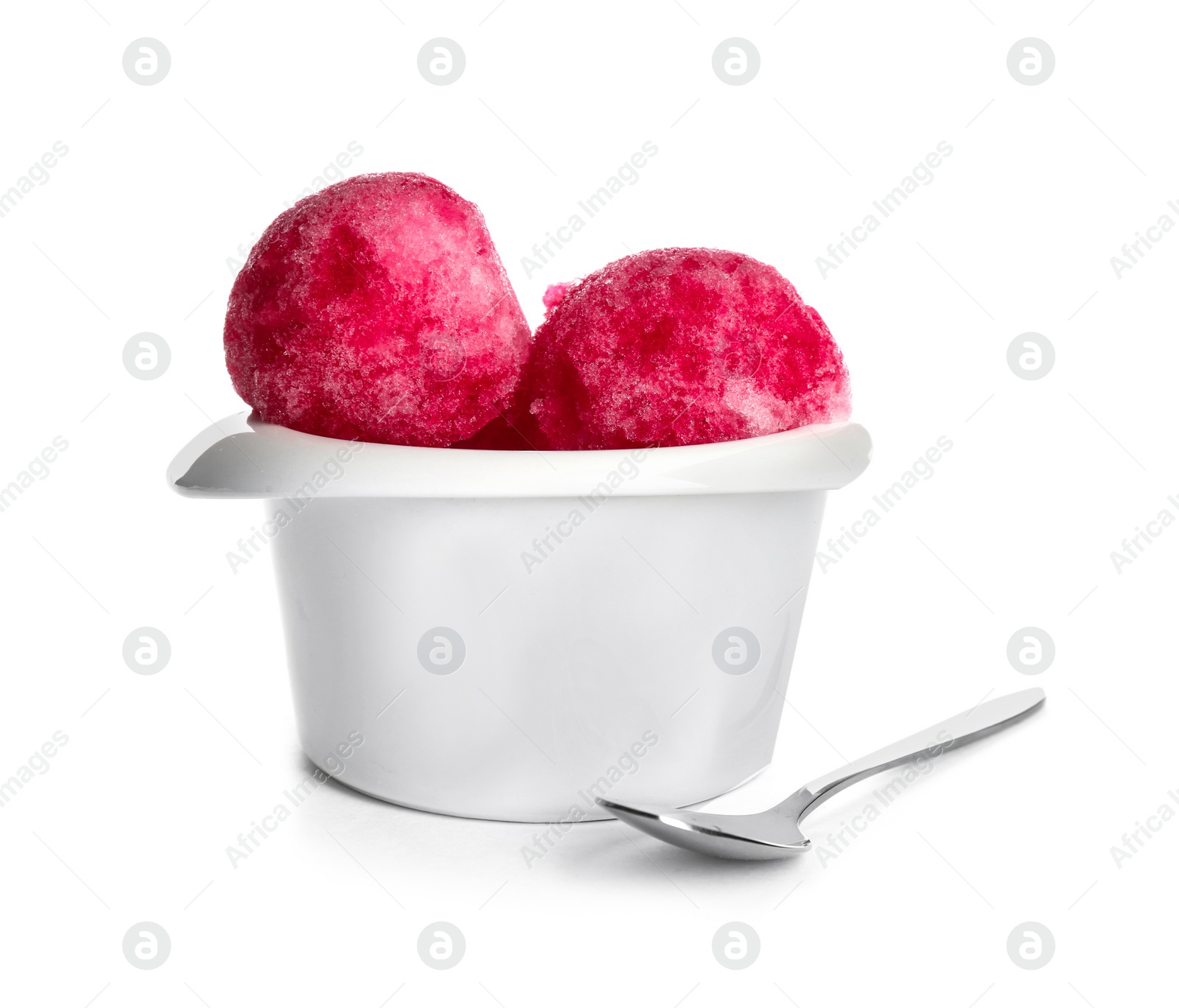 Photo of Snow ice cream in bowl and spoon on white background