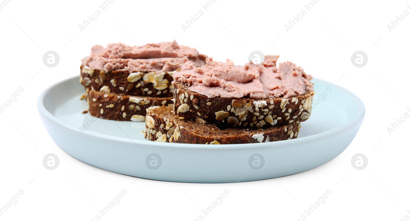 Photo of Plate with delicious liverwurst sandwiches isolated on white