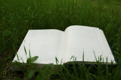 Photo of Open book on green grass in garden