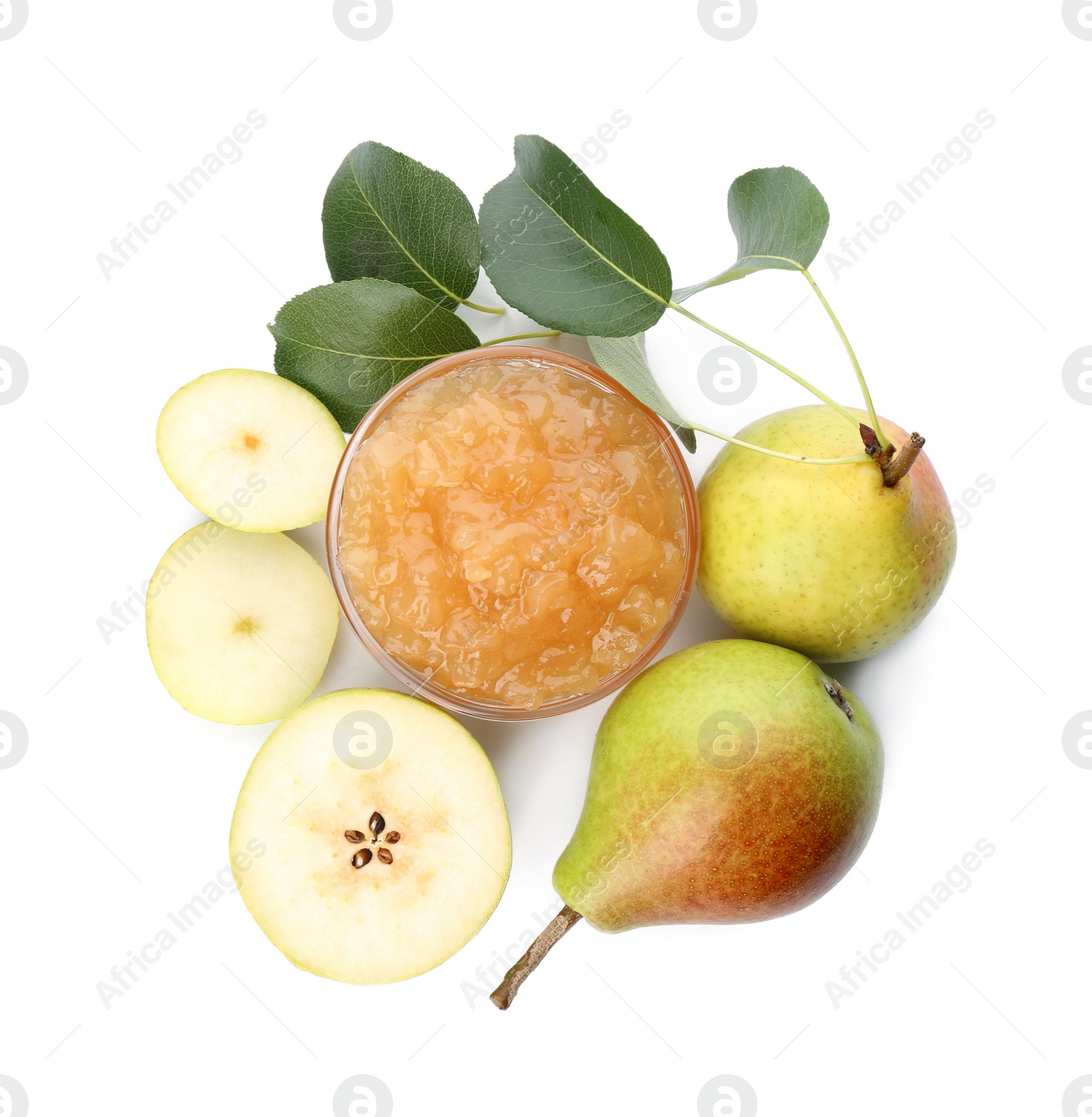 Photo of Tasty homemade pear jam and fresh fruits on white background, top view