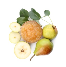 Photo of Tasty homemade pear jam and fresh fruits on white background, top view